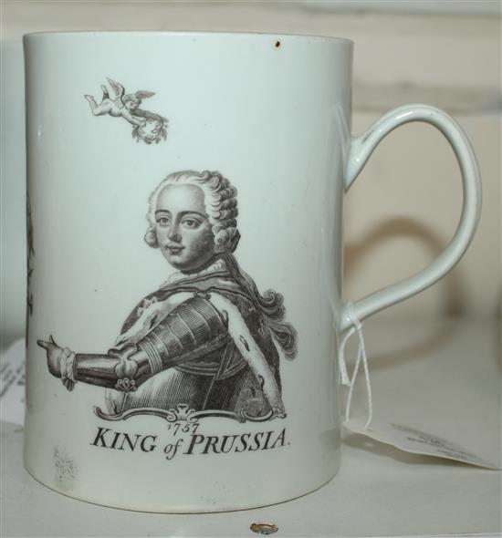A large Worcester black printed King of Prussia waisted cylindrical mug, dated 1757, 5.6in.